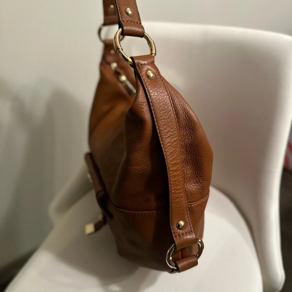 Michael Kors Brown Pebbled Leather Fulton Hobo Bag with Logo Flap Front Pocket